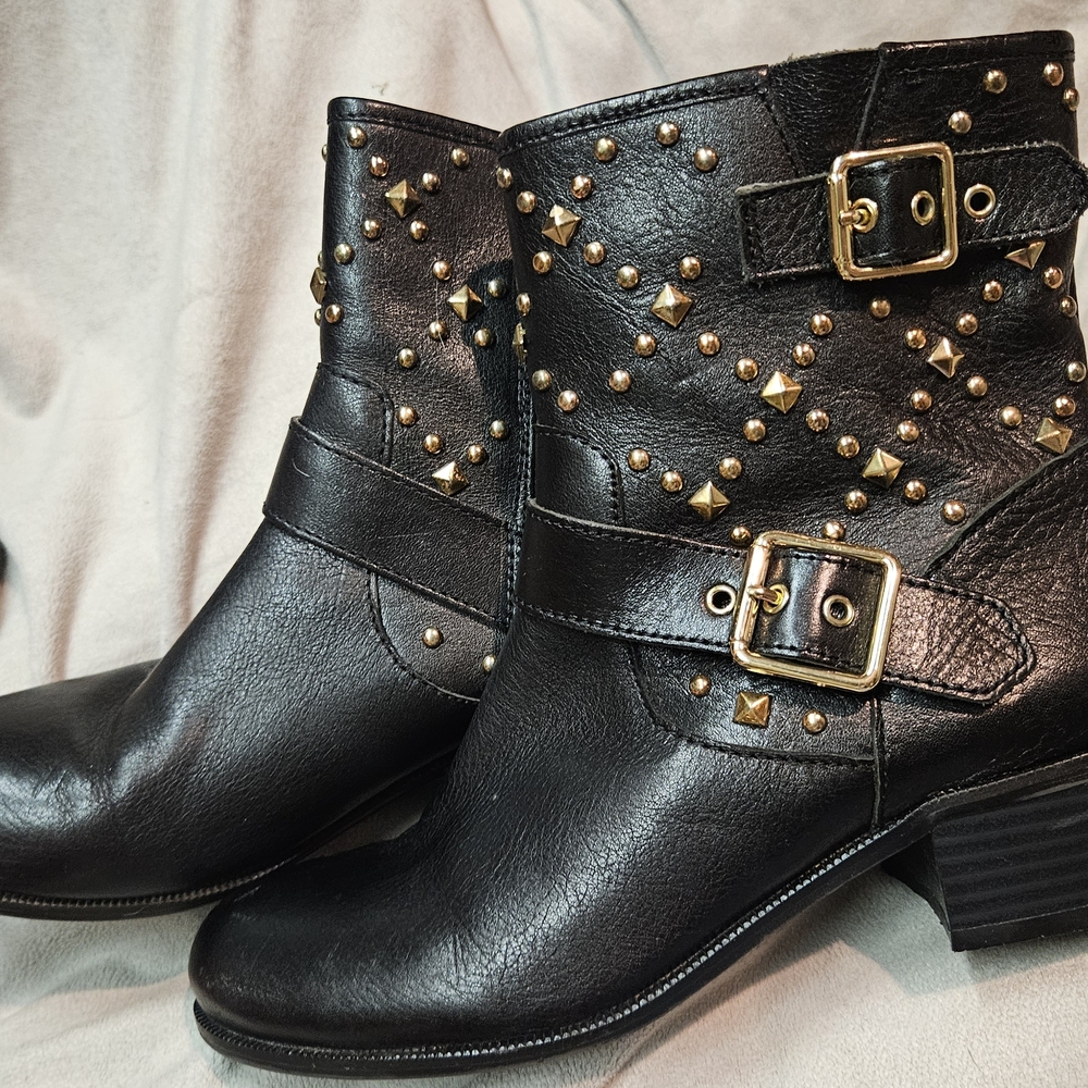 INC International Concepts Black Leather Ankle Boots with Gold Studs